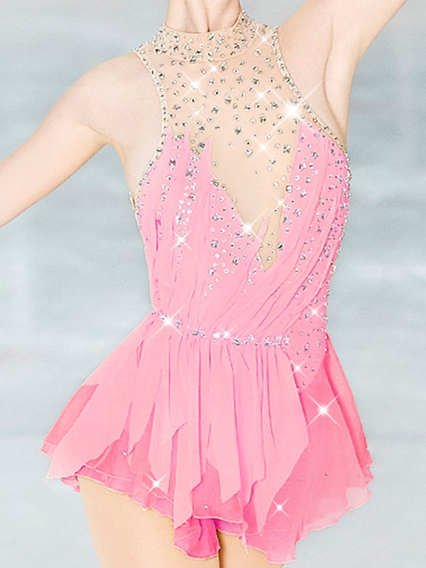 Figure Skating Dress Women's Girls' Dancewear Open Back Mesh Spandex High Elasticity Crystal/Rhinestone Sleeveless Skating Dress Pink Figure Skating Dress Women's Girls' Dancewear Open Back Mesh Spandex High Elasticity Crystal/Rhinestone Sleeveless Skating Dress Pink