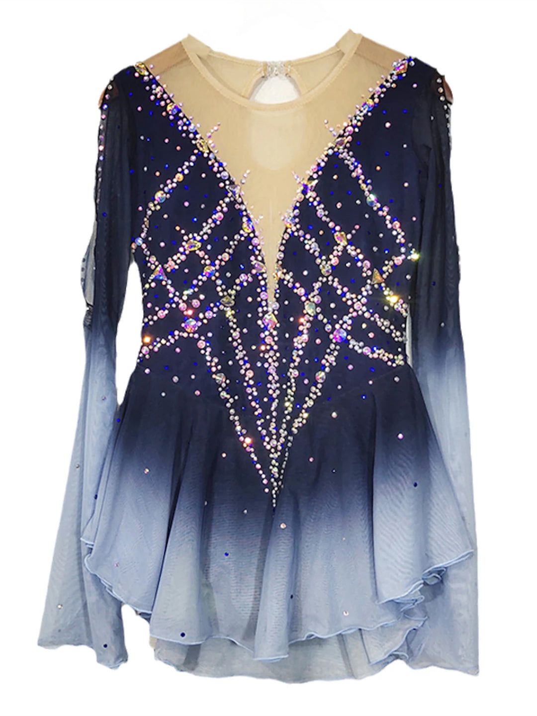 Figure Skating Dress Women's Girls Patchwork Open Back Mesh Spandex Stretchy Crystal/Rhinestone Long Sleeve Ice Skating Dress