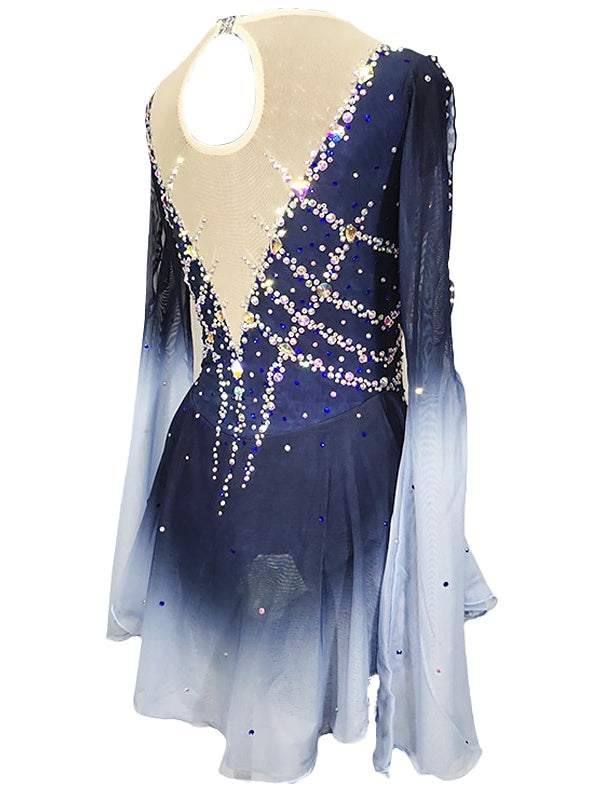 Figure Skating Dress Women's Girls Patchwork Open Back Mesh Spandex Stretchy Crystal/Rhinestone Long Sleeve Ice Skating Dress