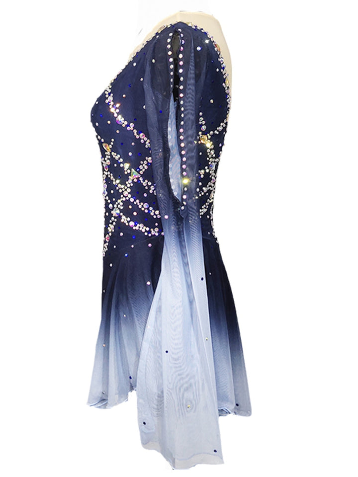 Figure Skating Dress Women's Girls Patchwork Open Back Mesh Spandex Stretchy Crystal/Rhinestone Long Sleeve Ice Skating Dress