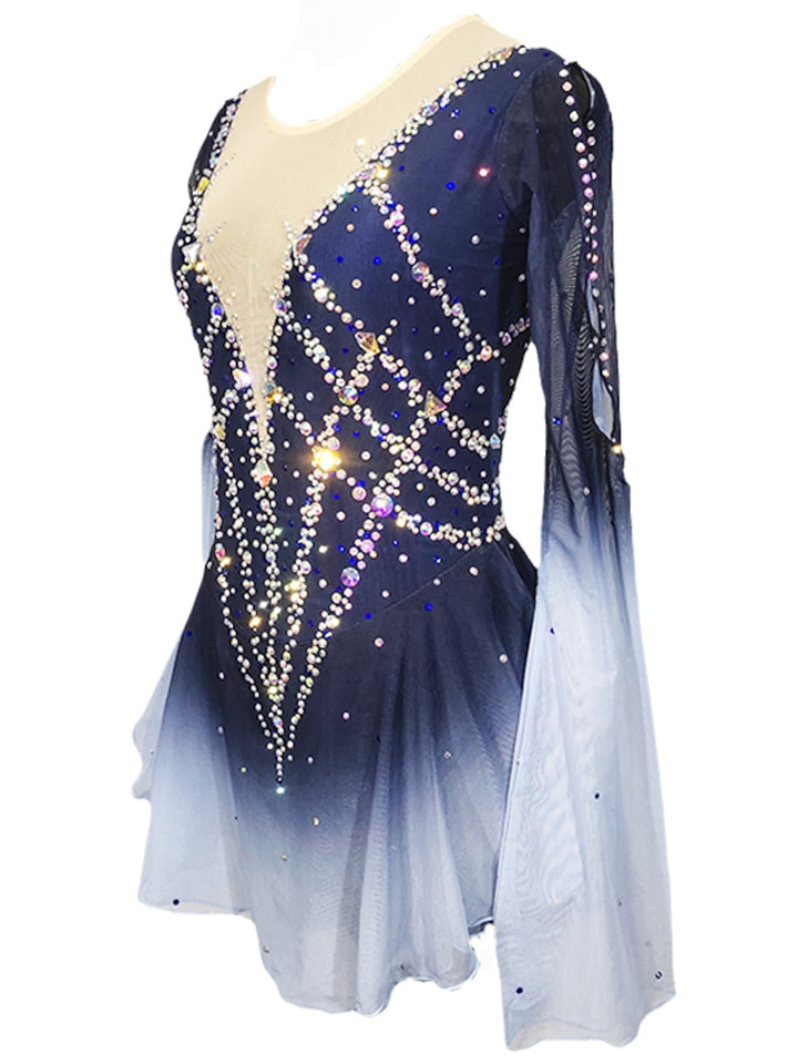 Figure Skating Dress Women's Girls Patchwork Open Back Mesh Spandex Stretchy Crystal/Rhinestone Long Sleeve Ice Skating Dress