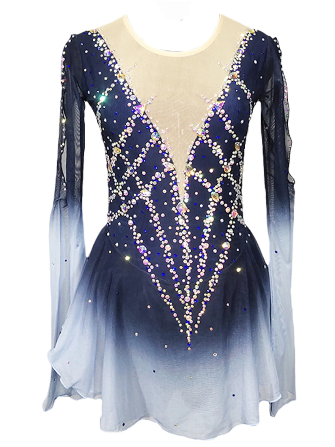 Figure Skating Dress Women's Girls Patchwork Open Back Mesh Spandex Stretchy Crystal/Rhinestone Long Sleeve Ice Skating Dress