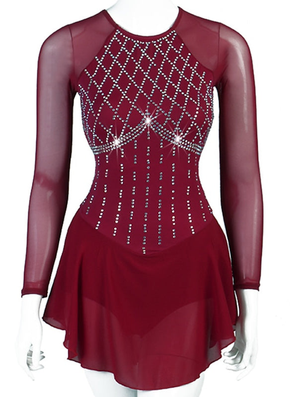 Figure Skating Dress Women's Girls' Patchwork Mesh Spandex High Elasticity  Handmade Crystal Ice Skating Dress