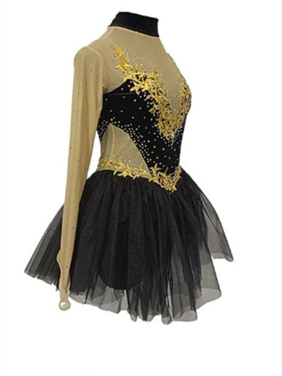 Figure Skating Dress Women's Girls' Asymmetric Hem Mesh Spandex Stretchy Crystal/Rhinestone Long Sleeve Ice Skating Dress