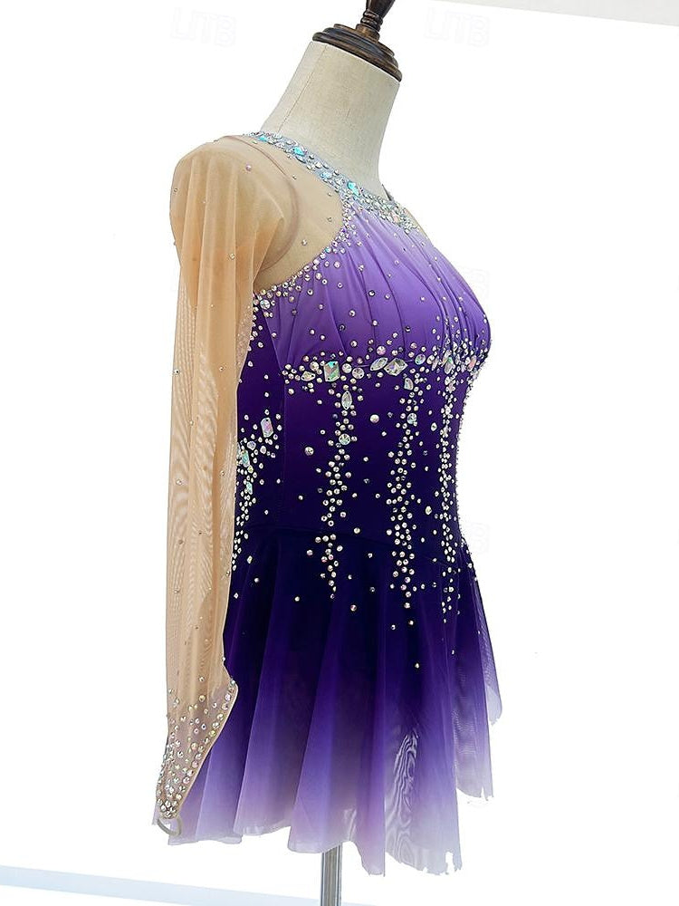 Figure Skating Dress Women's Girls' Dancewear Halo Dyeing High Elasticity Crystal/Rhinestone Long Sleeve Ice Skating Dress