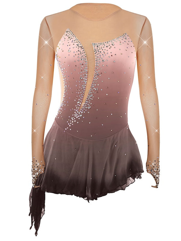 Figure Skating Dress Women's Girls' Dancewear Asymmetric Hem Rhinestone Mesh Spandex Long Sleeve Ice Skating Dress