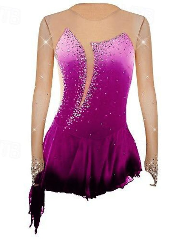 Figure Skating Dress Women's Girls' Dancewear Asymmetric Hem Rhinestone Mesh Spandex Long Sleeve Ice Skating Dress