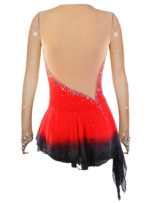 Figure Skating Dress Women's Girls' Dancewear Asymmetric Hem Rhinestone Mesh Spandex Long Sleeve Ice Skating Dress