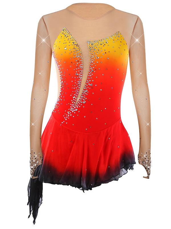 Figure Skating Dress Women's Girls' Dancewear Asymmetric Hem Rhinestone Mesh Spandex Long Sleeve Ice Skating Dress, Child 8 / Orange Red
