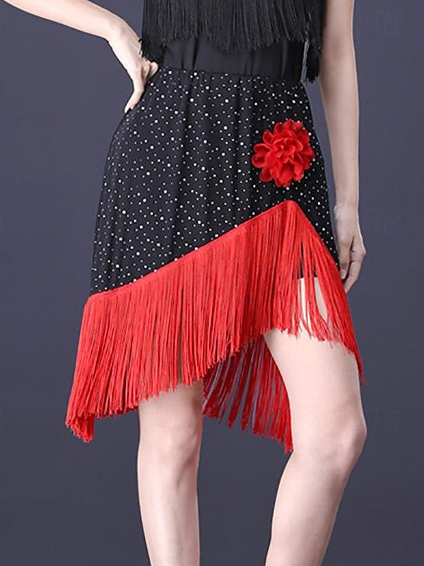 Latin Dance Ballroom Dance Skirts Pure Color Glitter Tassel Women's Performance Training High Polyester