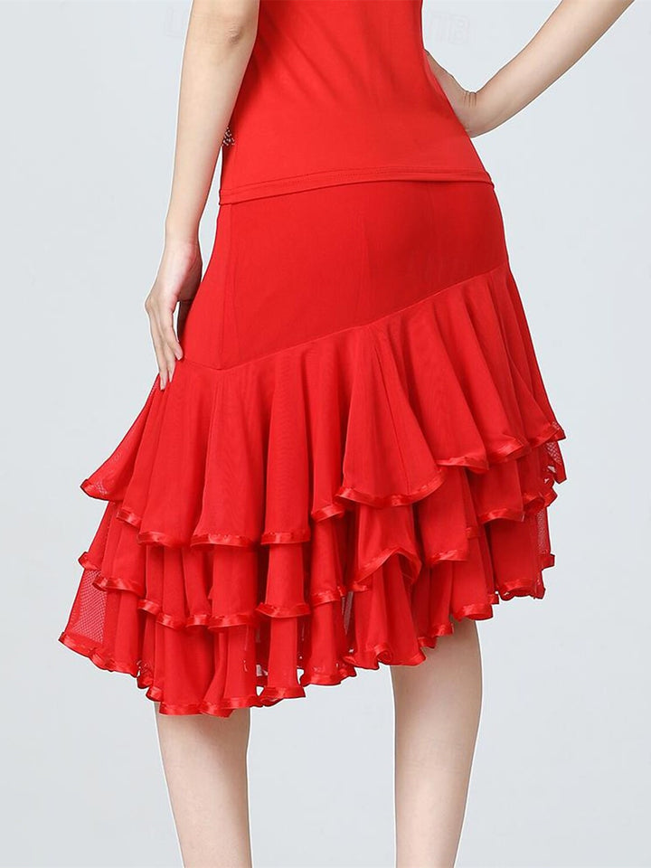 Latin Dance Ballroom Dance Skirts Polyester Tulle Ruffles Pure Color Splicing Women's Performance Training