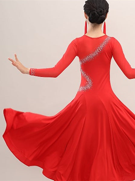 Ballroom Dance Dress Rhinestone Splicing Women's Performance Long Sleeve Chinlon Ice Silk