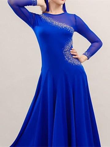 Ballroom Dance Dress Rhinestone Splicing Women's Performance Long Sleeve Chinlon Ice Silk