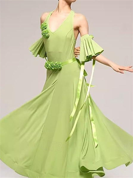 Ballroom Dance Dress Pure Color Splicing Women's  Sleeveless Crystal Cotton