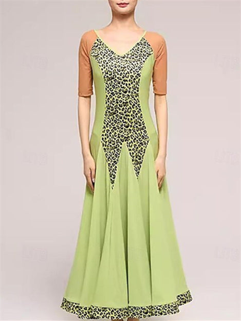 green emerald velvet dress mondressy Women's Dancewear Ballroom Dance Dress Leopard Print Splicing Women's Performance Party Short Sleeve, S / Apple Green