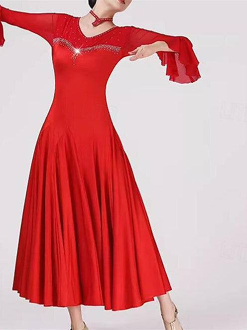 Women's Dancewear Ballroom Dance Dress Pure Color Splicing Crystals/Rhinestones Women's Performance Long Sleeve Red Women's Dancewear Ballroom Dance Dress Pure Color Splicing Crystals/Rhinestones Women's Performance Long Sleeve Red