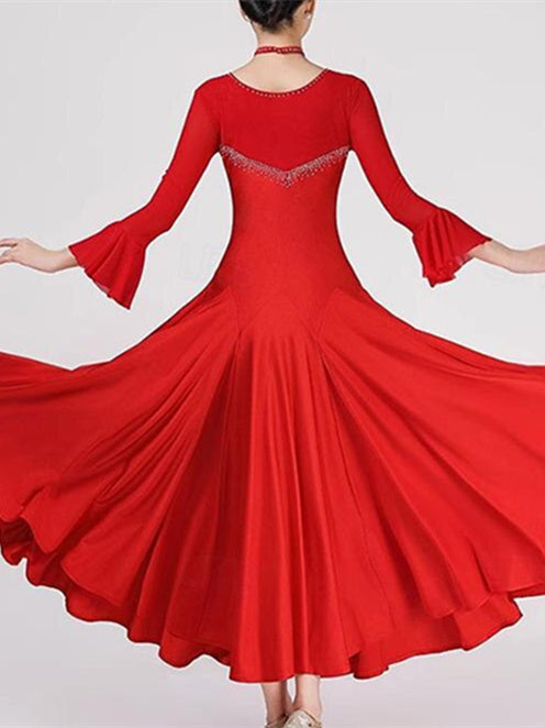 Women's Dancewear Ballroom Dance Dress Pure Color Splicing Crystals/Rhinestones Women's Performance  Long Sleeve