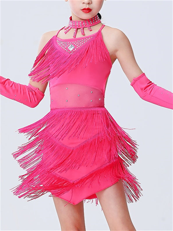 Latin Dance Kids' Dancewear Dress Tassel Side Draping Sleeveless Girls' Performance  Polyester