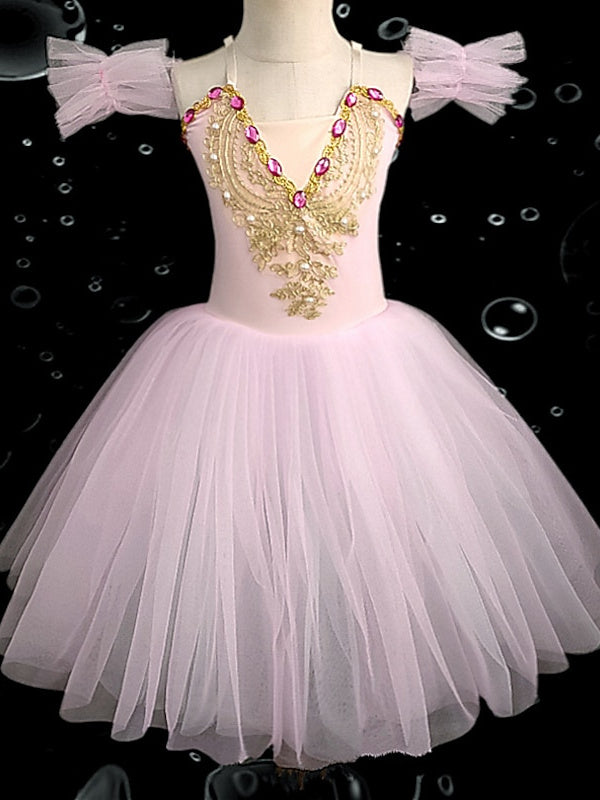 Kids' Dancewear Dress Rhinestone Lace Embroidery Sleeveless Girls' Performance Mesh Polyester