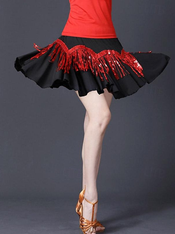 Women's Latin Dance Ballroom Dance Skirts Tassel Pure Color Splicing Women's Performance