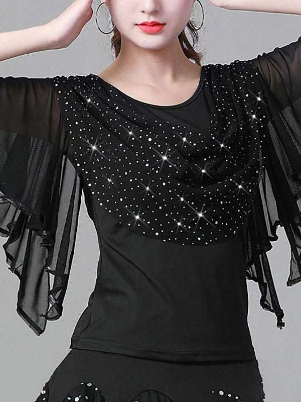 Women's Latin Dance Ballroom Dance Top Ruffles Pure Color Splicing Women's Performance Short Sleeve