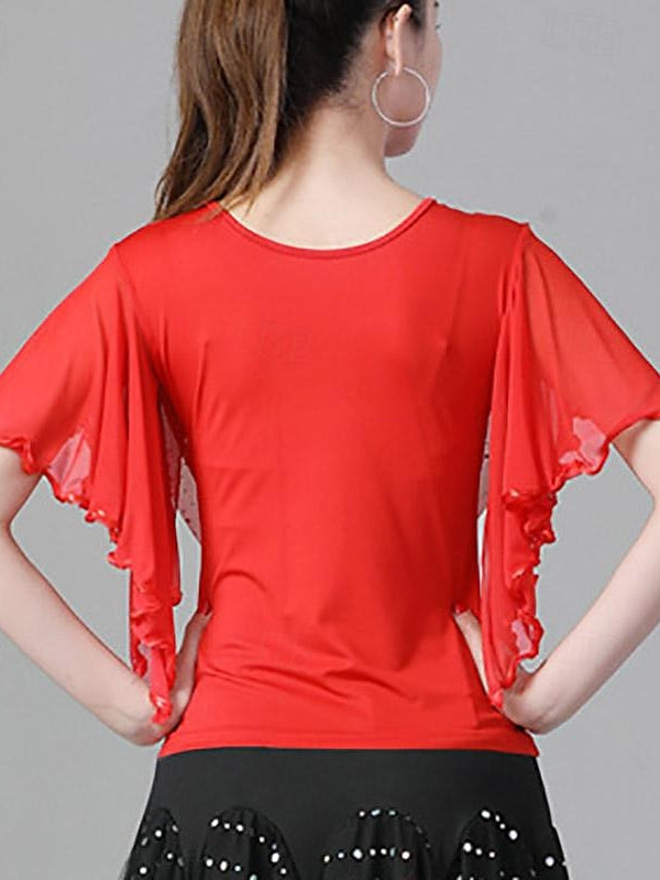 Women's Latin Dance Ballroom Dance Top Ruffles Pure Color Splicing Women's Performance Short Sleeve