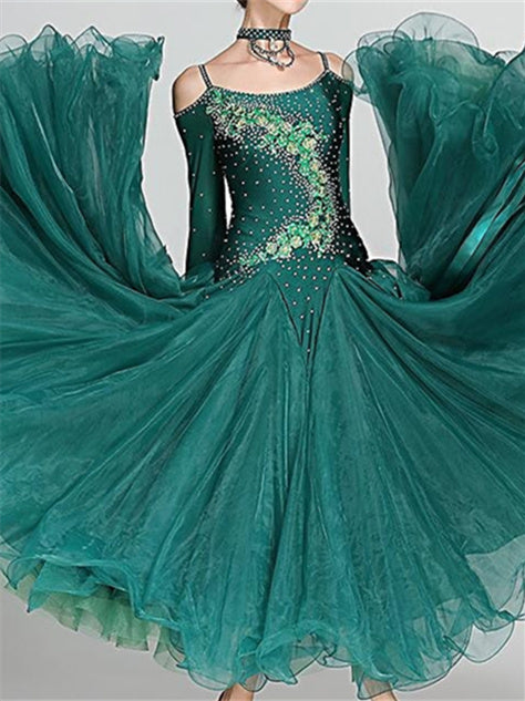 Women's Dancewear Ballroom Dance Dress Rhinestone Tulle Women's Performance Long Sleeve Polyester