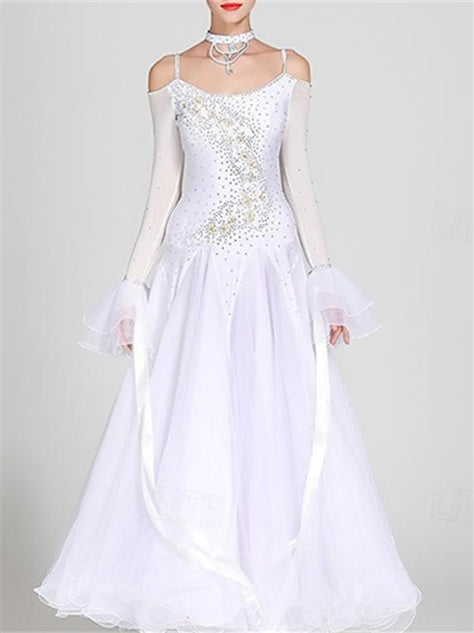 Women's Dancewear Ballroom Dance Dress Rhinestone Tulle Women's Performance Long Sleeve Polyester