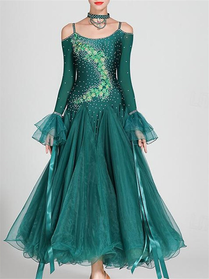 Women's Dancewear Ballroom Dance Dress Rhinestone Tulle Women's Performance Long Sleeve Polyester