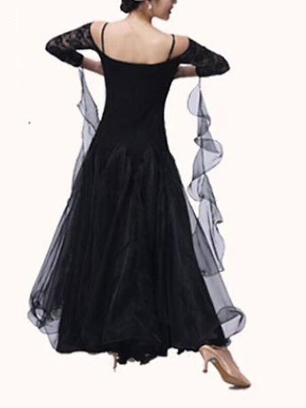 Women‘s Dancewear Ballroom Dance Dress Lace Pure Color Splicing Women's Performance Party