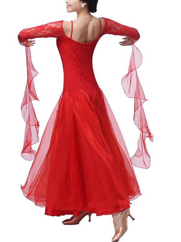 Women‘s Dancewear Ballroom Dance Dress Lace Pure Color Splicing Women's Performance Party