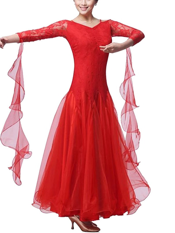 Women‘s Dancewear Ballroom Dance Dress Lace Pure Color Splicing Women's Performance Party