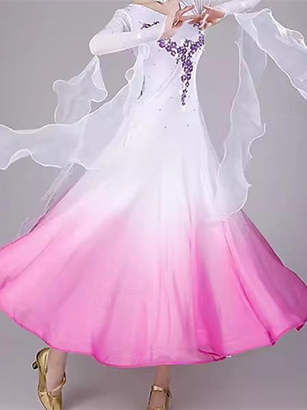 Women's Dancewear Ballroom Dance Dress Embroidery Splicing Crystals/Rhinestones Women's Performance Long Sleeve, S / White