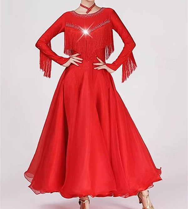 Women's Dancewear Ballroom Dance Dress Tassel Splicing Crystals/Rhinestones Women's Performance Party Long Sleeve, M / Red