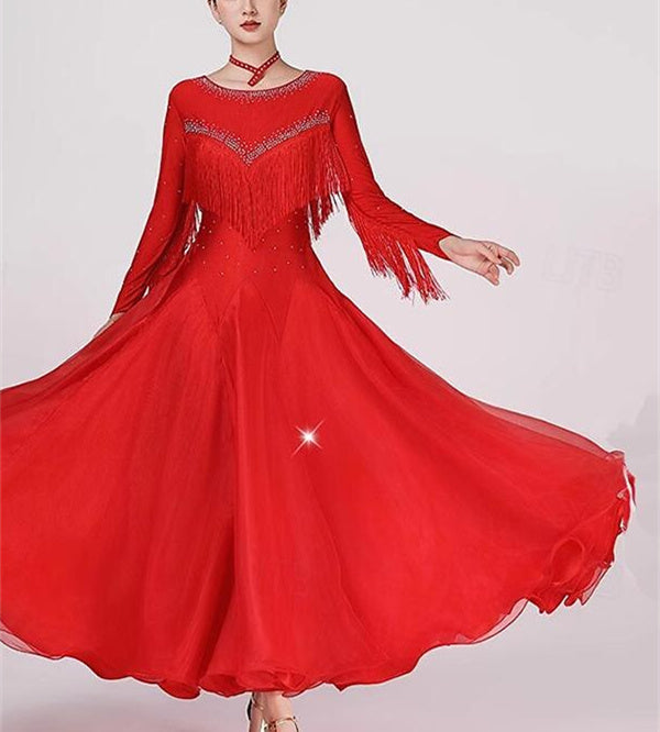 Women's Dancewear Ballroom Dance Dress Tassel Splicing Crystals/Rhinestones Women's Performance Party Long Sleeve