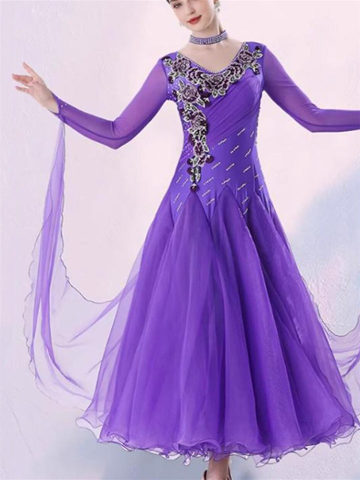 Women's Dancewear Ballroom Dance Dress Embroidery Splicing Crystals/Rhinestones Women's Performance Long Sleeve