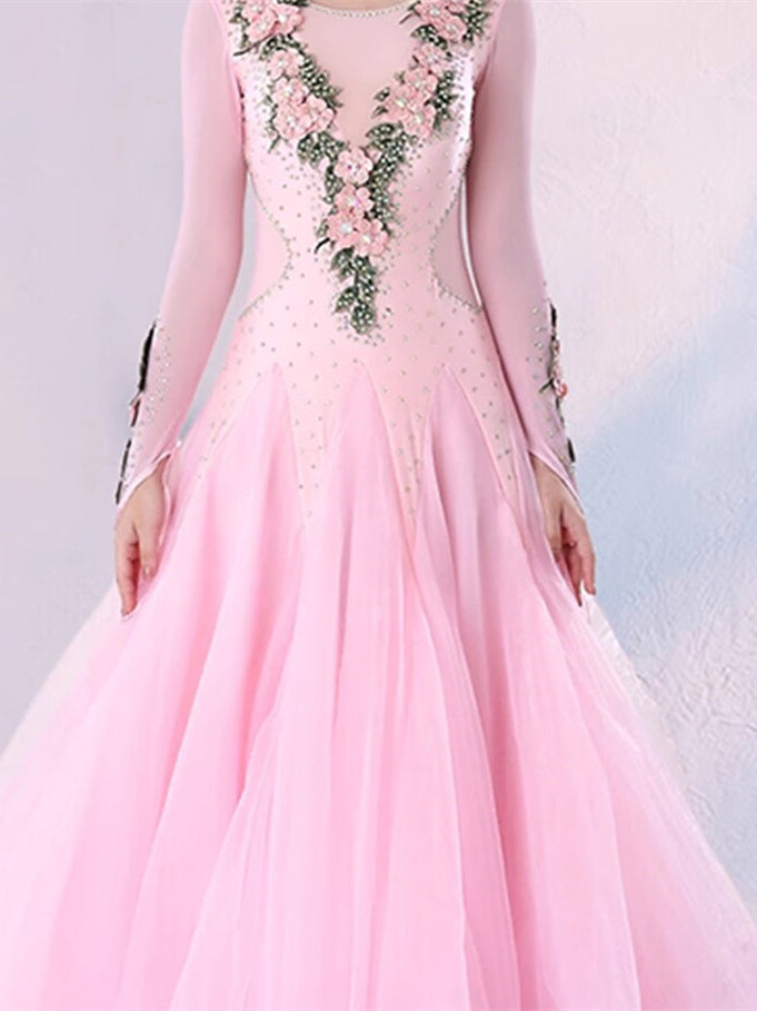 Women's Dancewear Ballroom Dance Dress Floral Print Ruffle Women's Performance Long Sleeve, S / Pink Women's Dancewear Ballroom Dance Dress Floral Print Ruffle Women's Performance Long Sleeve, S / Pink