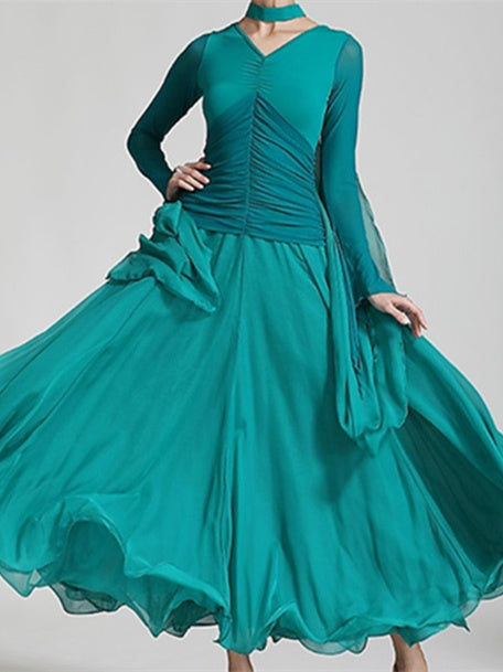 Women's Dancewear Ballroom Dance Dress Pure Color Women's Performance Theme Party Long Sleeve, M / Emerald