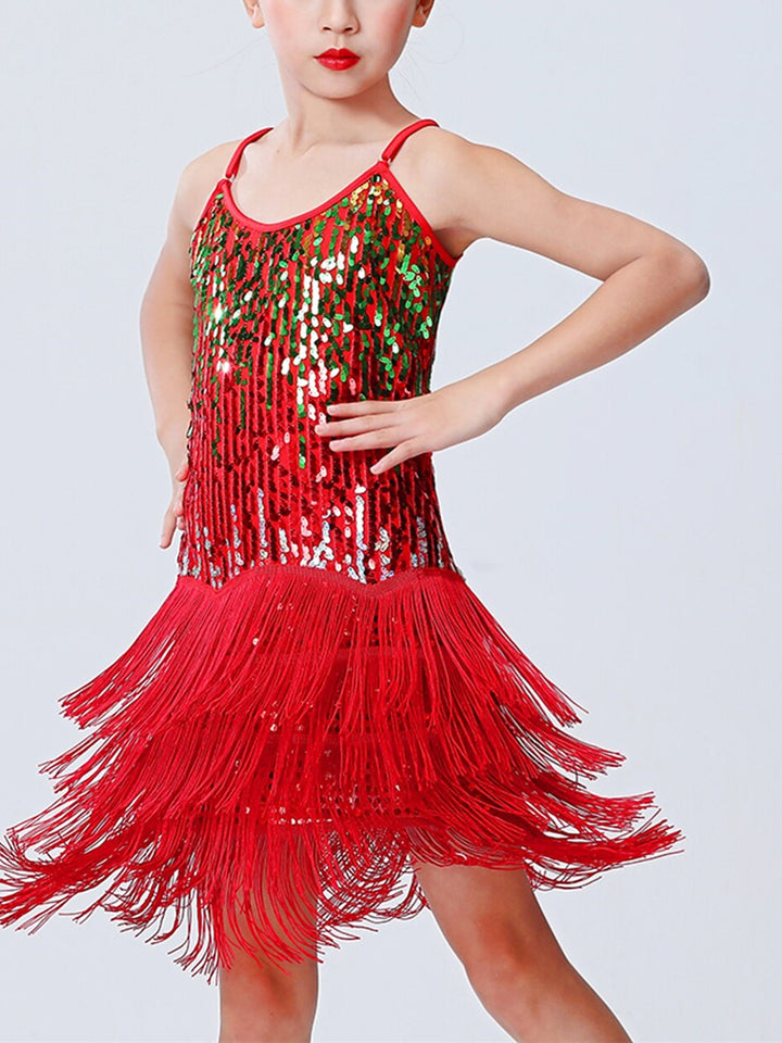 Kids‘ Dancewear Dress Fringed Tassel Pure Color Sleeveless Girls‘ Performance Polyester Sequined