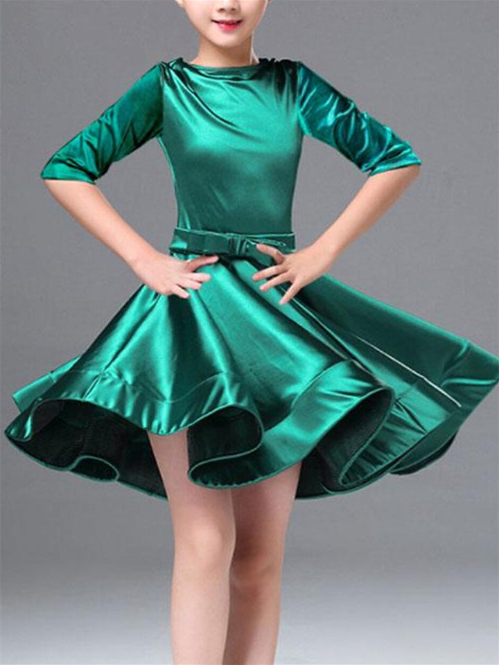 Latin Dance Kids' Dancewear Dress Pure Color Splicing  Round Neck Half Sleeve Girls' Performance Polyester