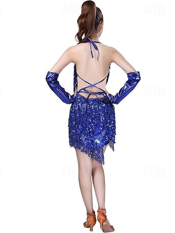 Sequins Tassel Latin Dance Dress for Women's Party Dresses  with Gloves