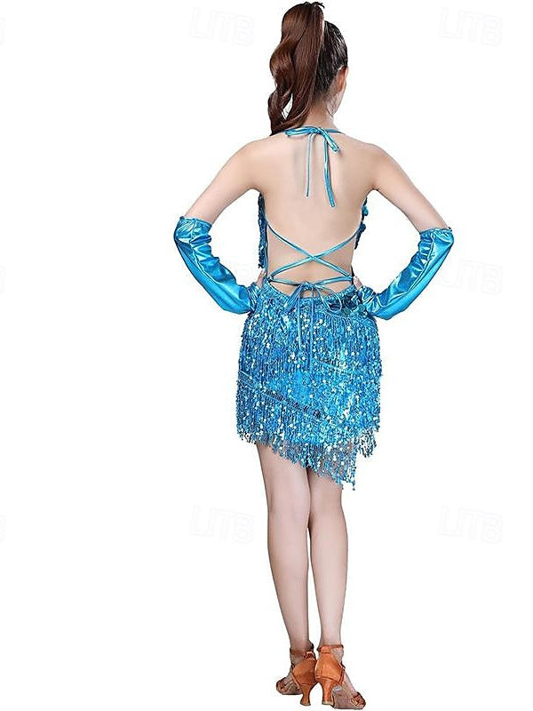 Sequins Tassel Latin Dance Dress for Women's Party Dresses  with Gloves