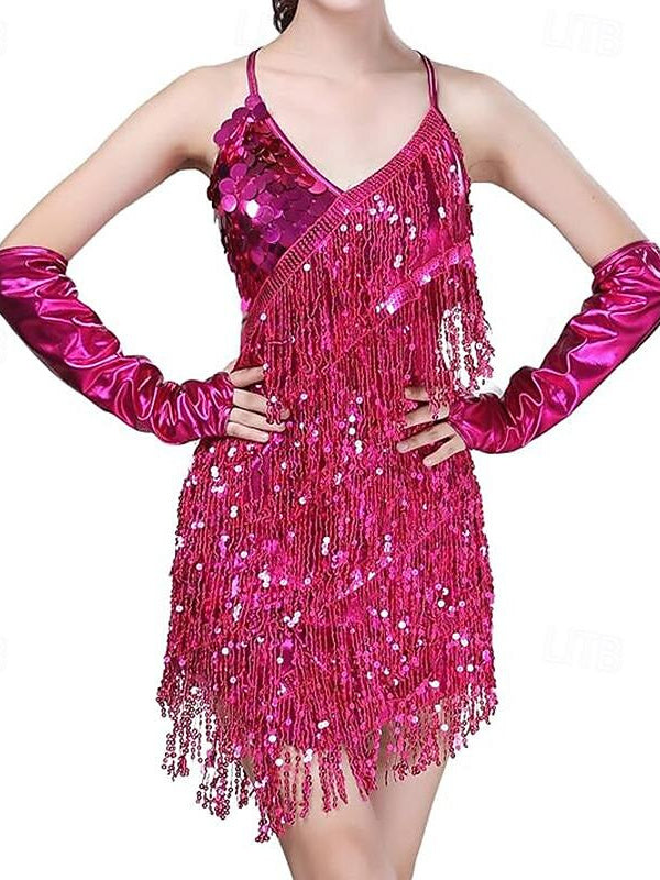 Sequins Tassel Latin Dance Dress for Women's Party Dresses  with Gloves