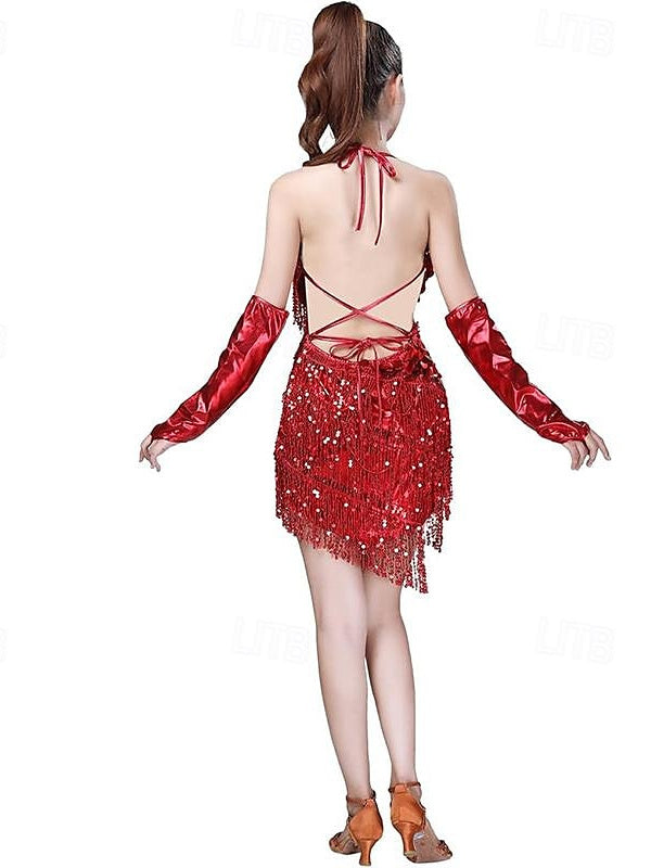 Sequins Tassel Latin Dance Dress for Women's Party Dresses  with Gloves