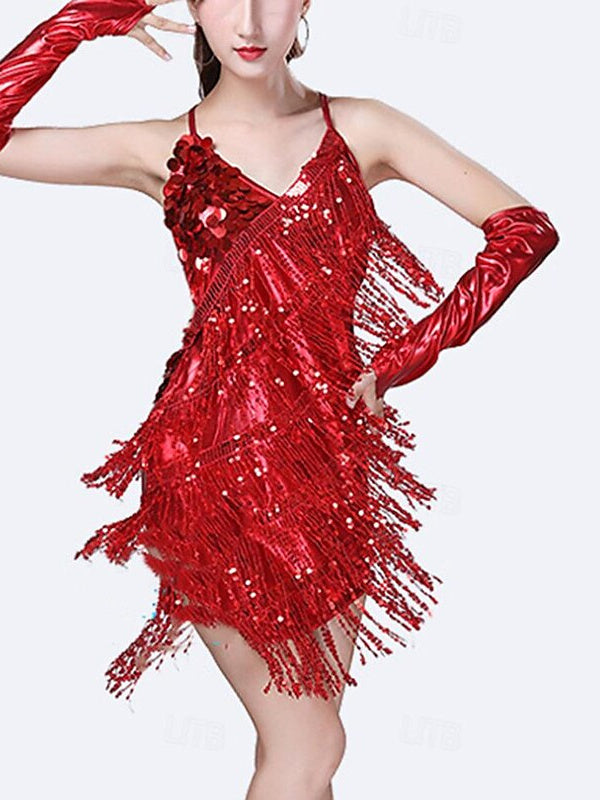 Sequins Tassel Latin Dance Dress for Women's Party Dresses with Gloves, One Size / Red