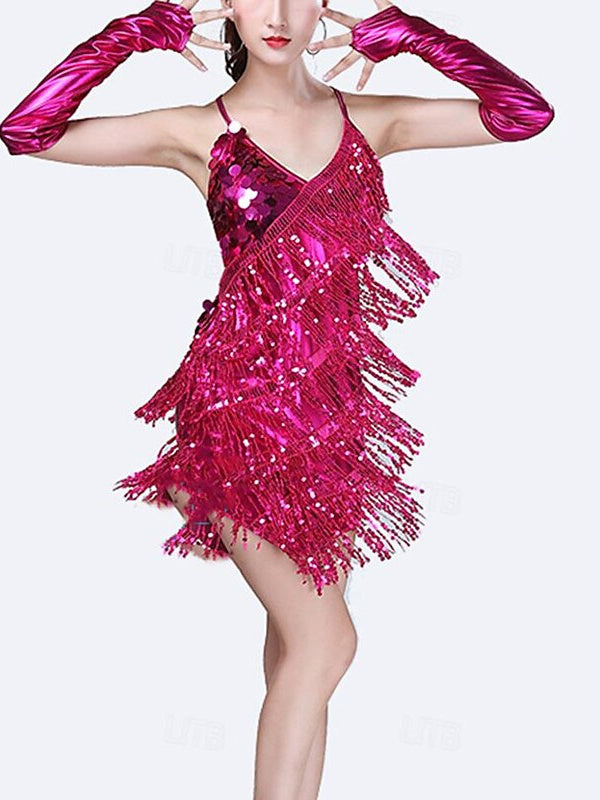 Sequins Tassel Latin Dance Dress for Women's Party Dresses  with Gloves