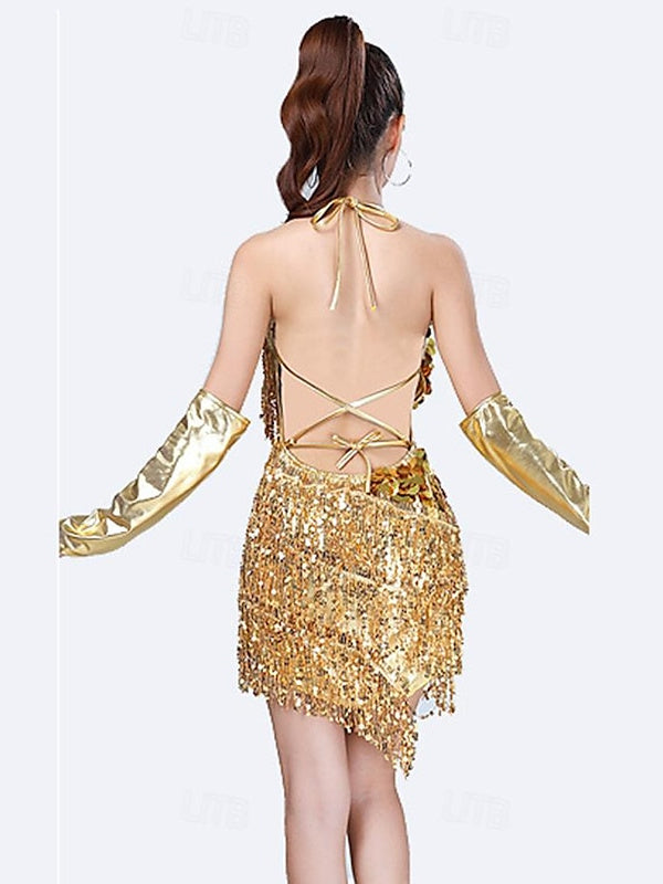 Sequins Tassel Latin Dance Dress for Women's Party Dresses  with Gloves