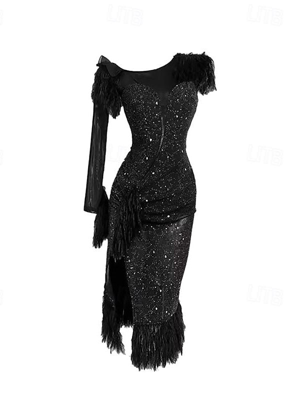 Latin Dance Ballroom Dance Dress Tassel Pure Color Splicing Women's Performance Training Long Sleeve