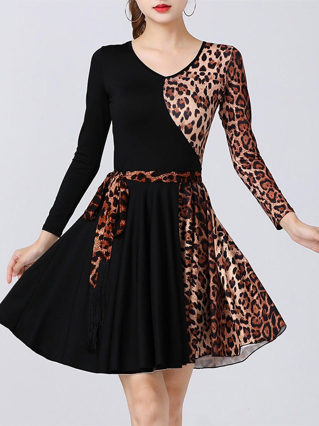 Latin Dance Dress Leopard Print Printing Splicing Women's Performance Training Long Sleeve