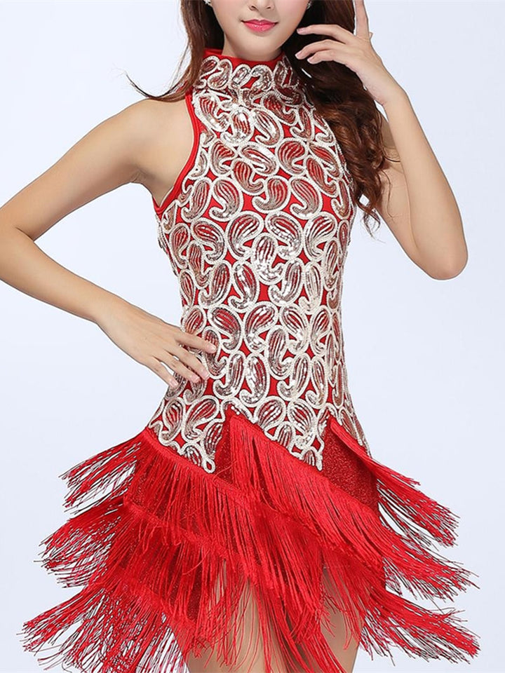 Latin Dance Dress Fringed Tassel Splicing Paillette Women‘s Training Performance Sleeveless